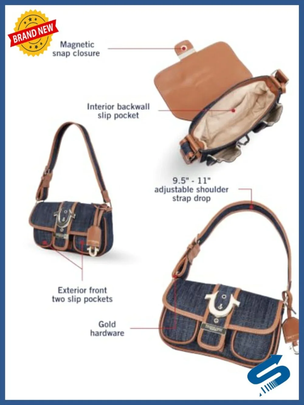 Denim Satchel with Horseshoe Hardware, 4 Pockets, Adjustable Strap